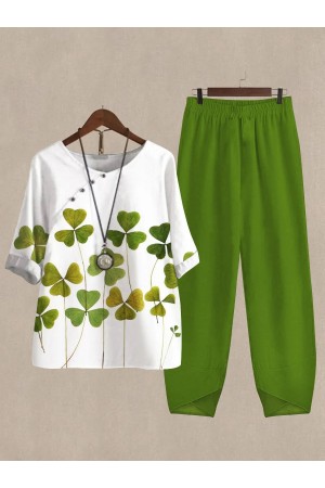 Linen Casual Women's Clover Print Two Pieces Set