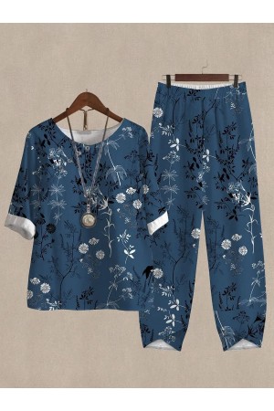 Botanical Floral Print Top And Pants Twopiece Suits