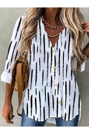 V Neck Striped Long Sleeve Casual Blouse
