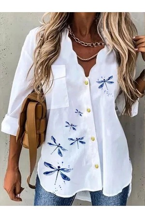 Dragonfly Print Vneck Buttons Long Sleeves Blouse