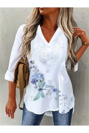 Dragonfly Floral Print Vneck Buttons Lace Blouse