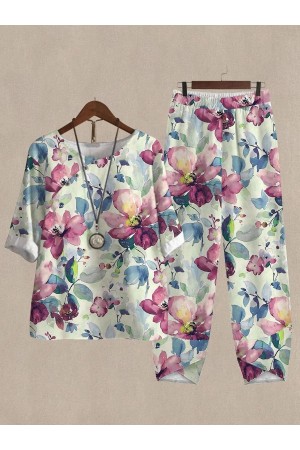 Watercolor Botanical Print Top And Pants Twopiece Suits