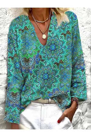 Boho Style Floral V Neck Long Sleeve Casual Shirts