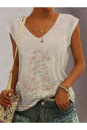 Floral Printed V Neck Casual Short Sleeve TShirt