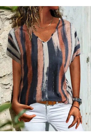Stripes V Neck Shift Short Sleeve Tshirt