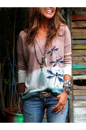 Dragonfly Long Sleeve V Neck TShirt