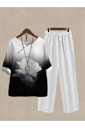 Linen Casual Women's Rose Print Two Pieces Set