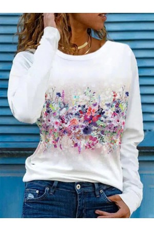 Round Neck Floral Long Sleeves Casual Sweatshirt