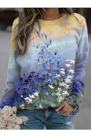 Round Neck Casual Floral Loosen Sweatshirt