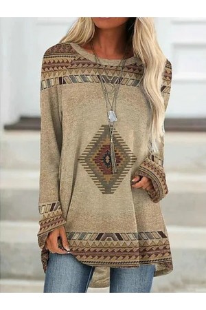 Round Neck Tribal Loosen Vacation Tunic Tops