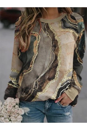 Crew Neck Abstract Casual Sweatshirt