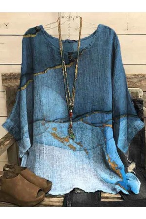 Round Neck Marbling Loosen Daily Tunic Tops