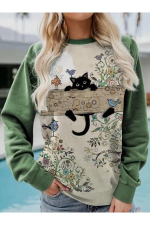 Casual Floral Animal Pattern Crew Neck Sweatshirts