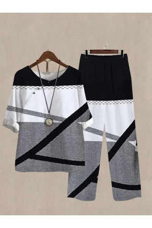 Linen Casual Women's Color Block Print Two Pieces Set