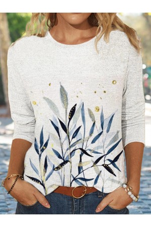 Leaf Casual Crew Neck Long sleeve TShirt