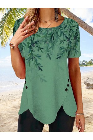Round Neck Floral Tulip Hem Tunic Tops