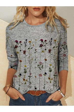 Long Sleeve Crew Neck Vintage Floral Shirts & Tops