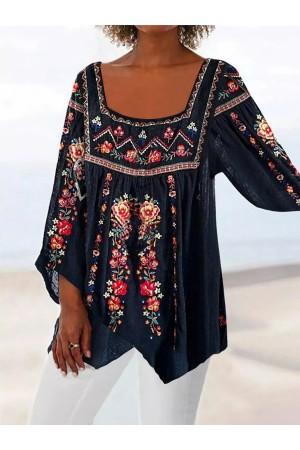 Square Neck Tribal Ruched Three Quarter Vacation Tops
