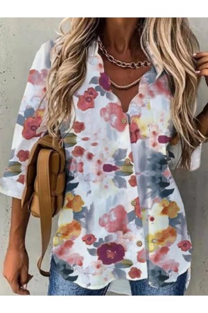 V Neck Floral Long Sleeve Blouse