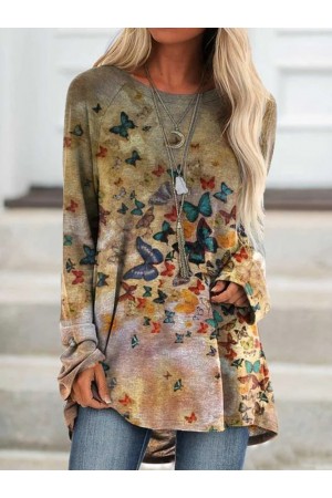 Deep Khaki Casual Long Sleeve Printed Tops