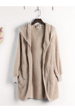 Fleece Hooded Pocket Solid Color Long Sleeve Coats