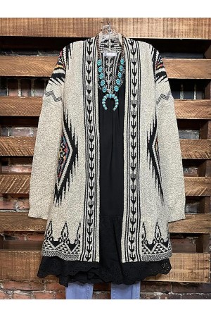 Ethnic Print Loose Knit Cardigan Sweater Coat