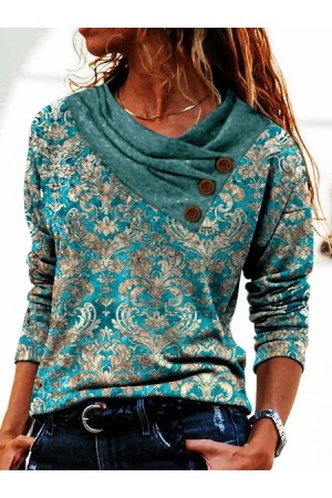 Cross Neck Geometric Long Sleeve Tops