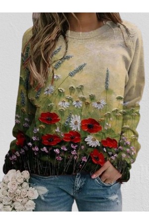 Crew Neck Floral Causal Sweatshirt