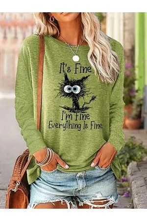 Cat CottonBlend Crew Neck Casual Tops