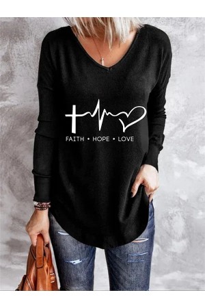 Long Sleeve Letter V Neck Casual Tshirt