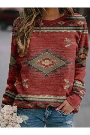 Printed Long Sleeve Round Neck Top