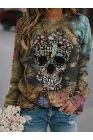 Skull Crew Neck Long Sleeve Vintage Sweatshirts