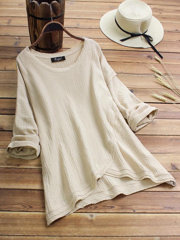 Vintage High Low Hem Solid Color Crew Neck Plus Size Blouse