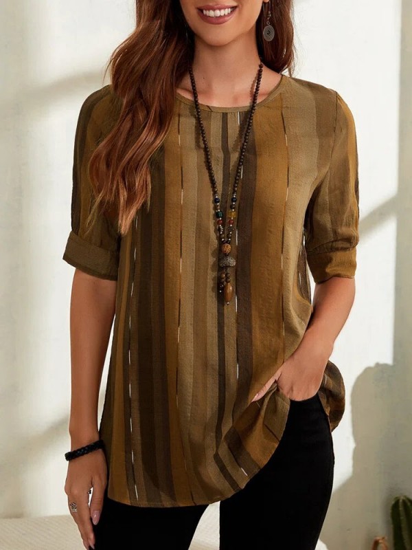 Crew Neck Stripes Casual Tunic Tops