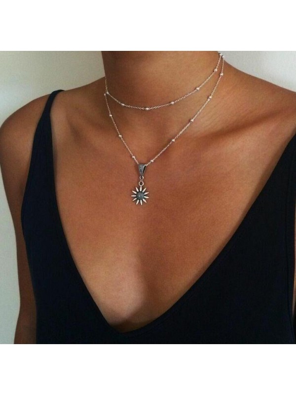 Fashion sunflower flower silver necklace set