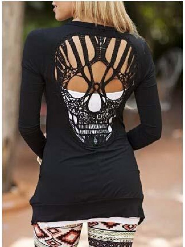 Ladies Pure Black Hollow Skull Long Tshirt