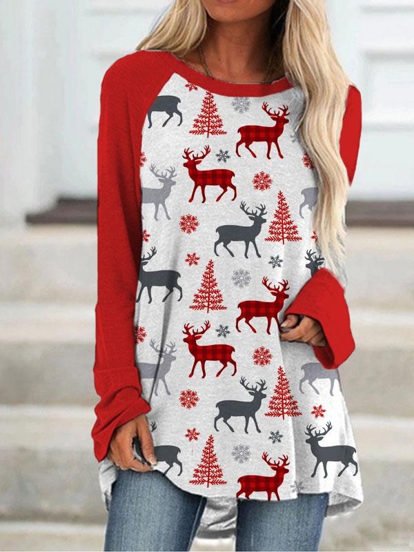 Ladies Christmas Elk Snowflake Tree Print Long Sleeve Tshirt
