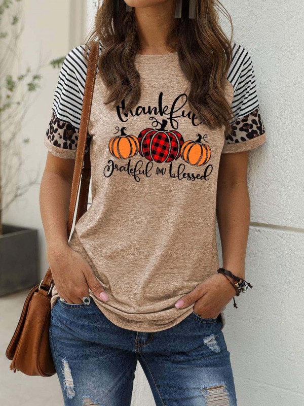 Women's Thankful Grateful And Blessed Printed Shortsleeved Leopard Print Stitching Casual Tshirt