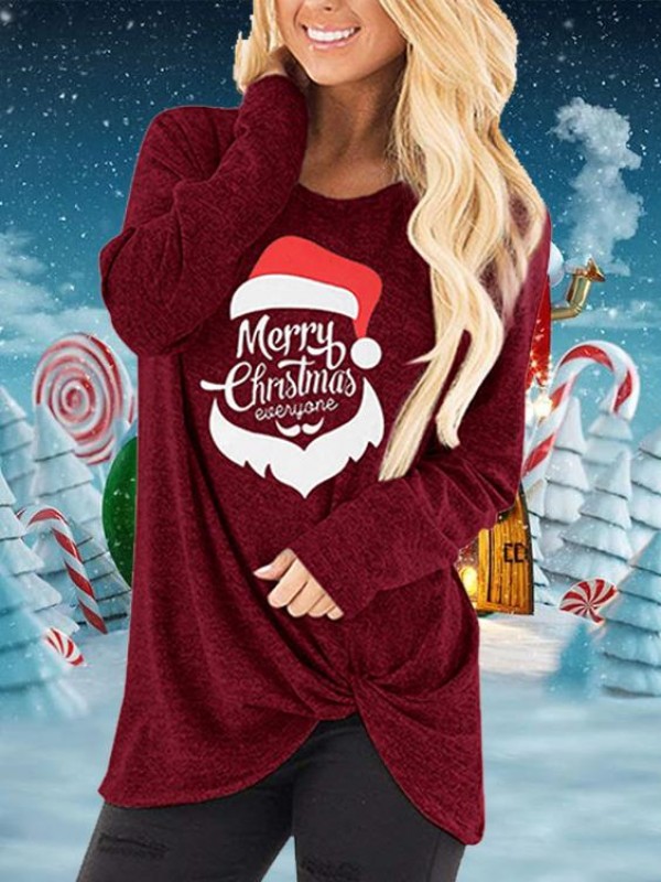Merry Christmas Everyone Christmas Hat Print Hem Knot TShirt