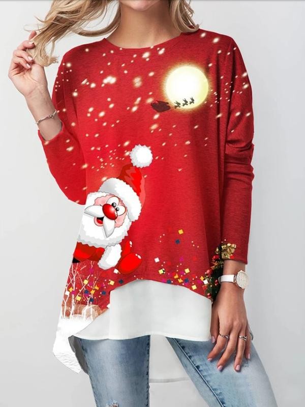 Ladies loose and irregular Santa print long sleeve Tshirt