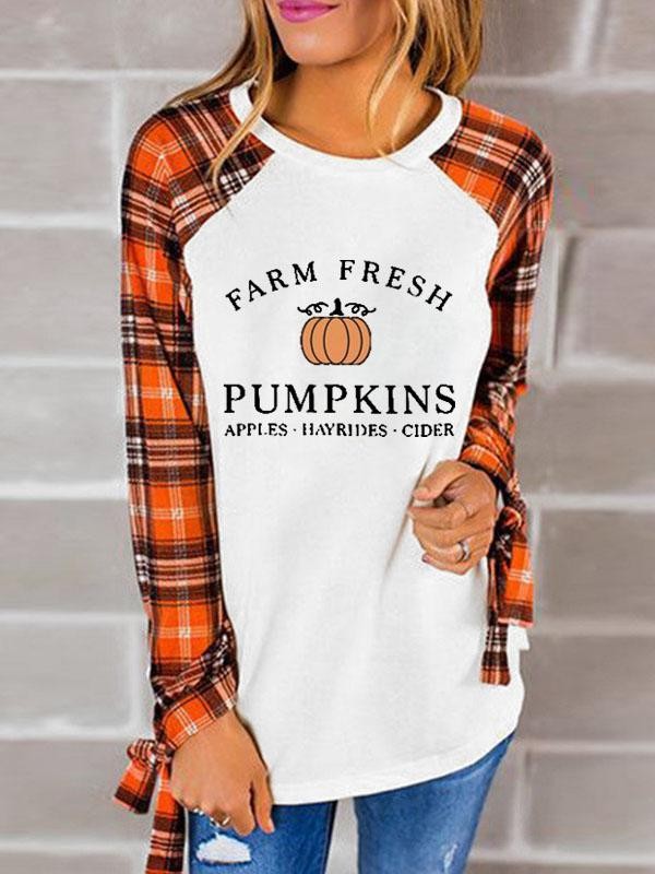 Women's Farm Fresh Pumpkins Apples Hayrides Cider Arm Check Print Long Sleeve Tshirt