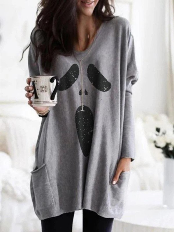 Women's Halloween Ghost Print Pocket Tshirt
