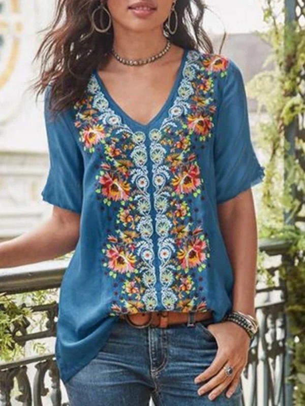Floral Print Vneck Short Sleeve Casual Tshirt