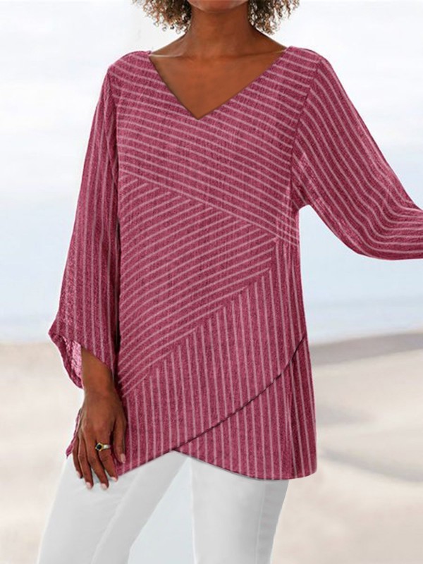 Casual V Neck Slit Long Sleeve Shirts & Tops