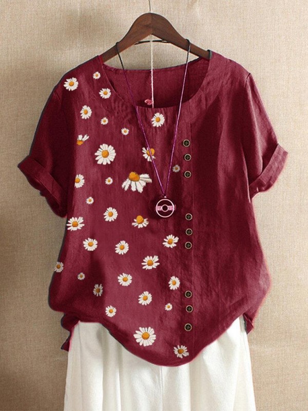Daisy Print Button Oneck Short Sleeve Plus Size Tshirt