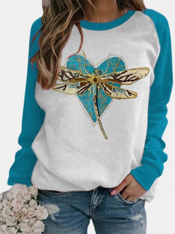 Dragonfly Print Long Sleeves Oneck Casual Sweatshirt For Women
