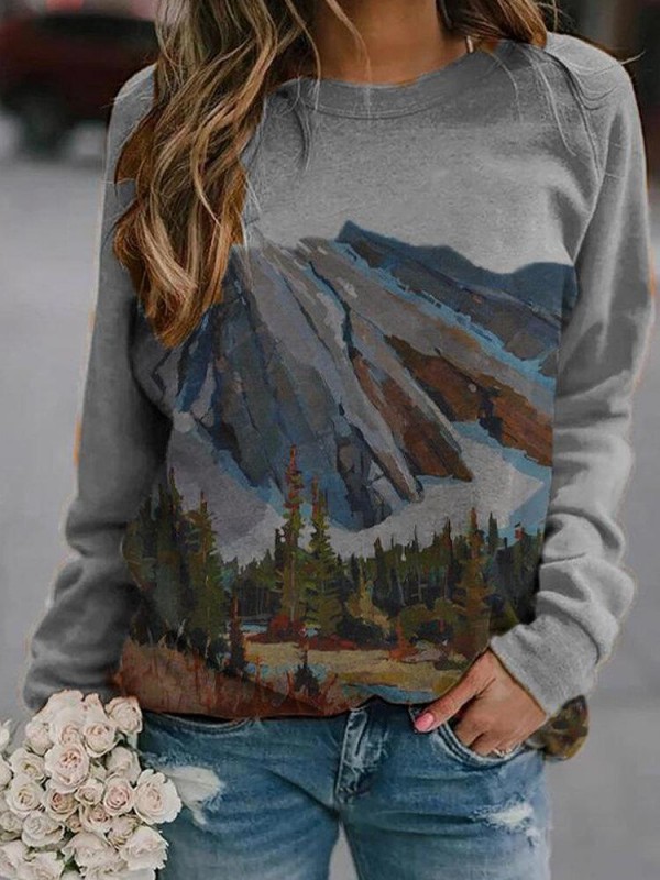 Oneck Landscape Print Long Sleeve Casual Sweatshirt For Women