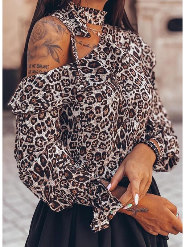 Leopard OneShoulder Long Sleeves Casual Blouses