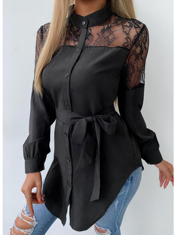 Solid Lace Stand collar Long Sleeves Button Up Casual Blouses