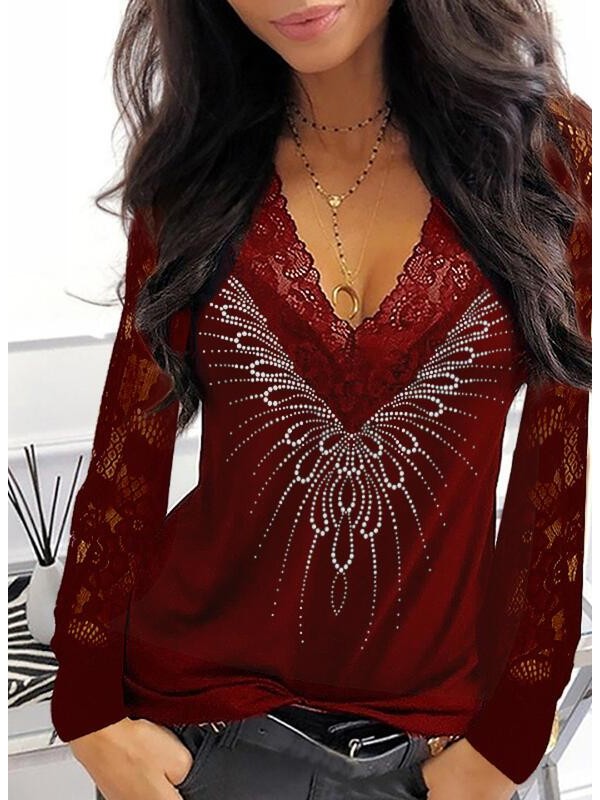 Lace Sequins VNeck Long Sleeves Elegant Blouses
